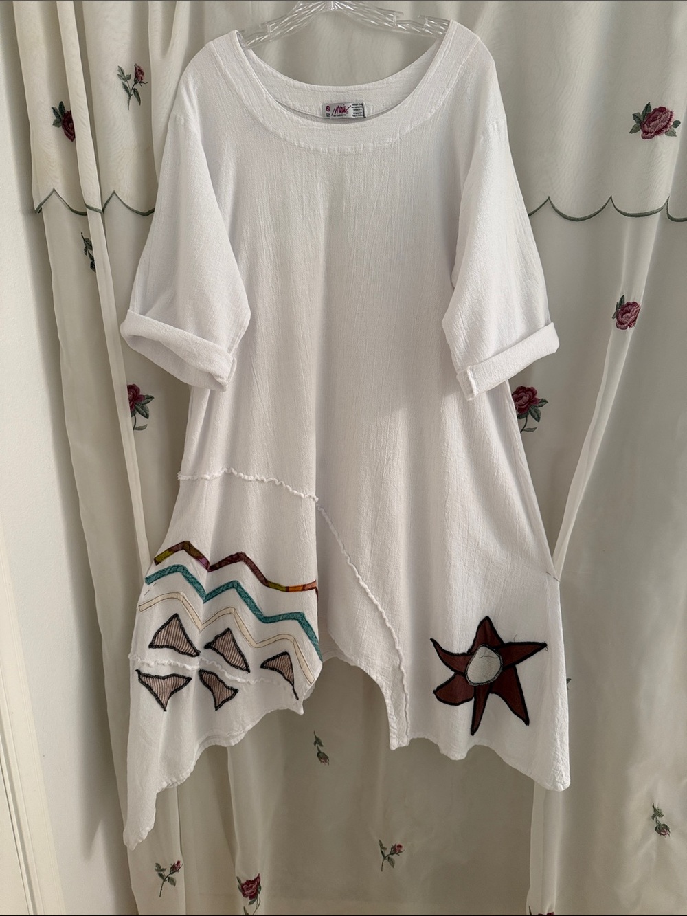 Maria of Guadalajara White Asymmetrical Dress with Colorful Applique Accents